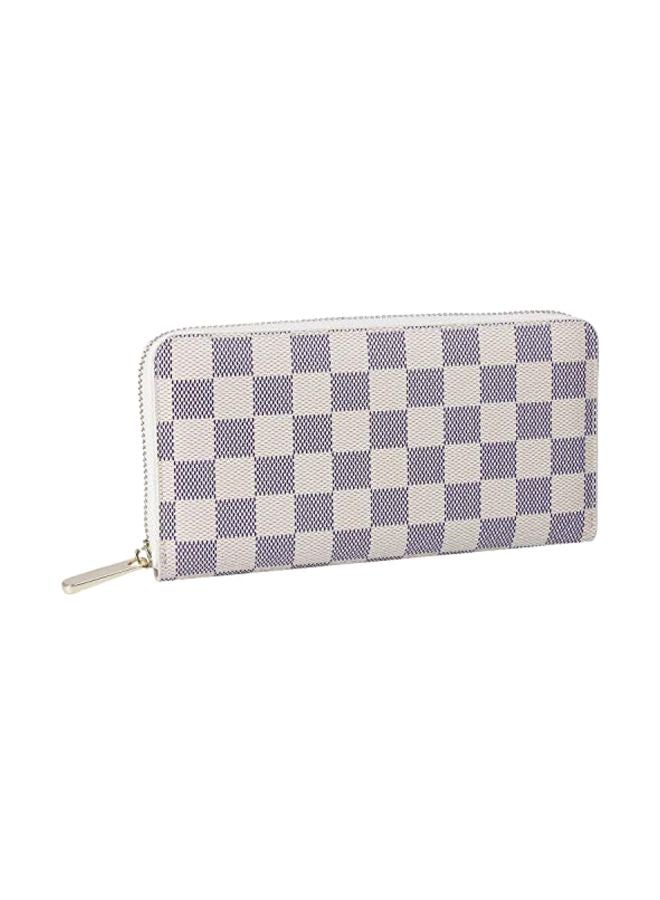 HEFANG RFID Checkered Leather Zip Around Wallet Beige/Blue - Image 1